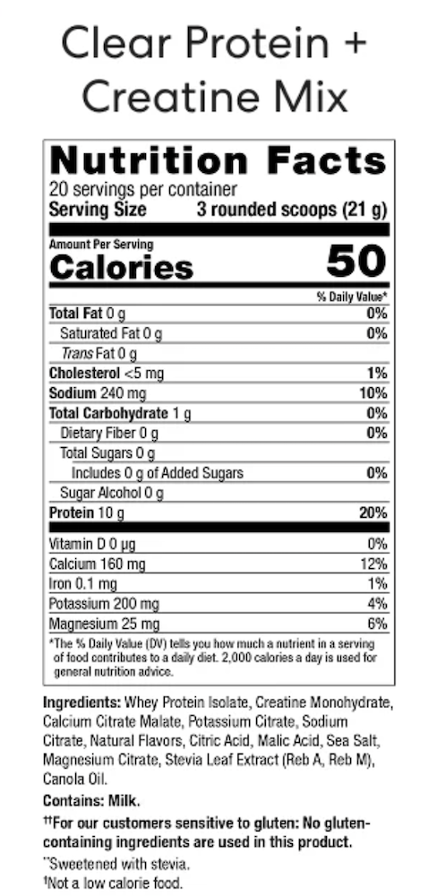 Supplement Facts label for Clear Protein and Creatine green apple mix