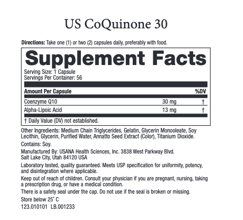Supplement Facts label for CoQuinone 30