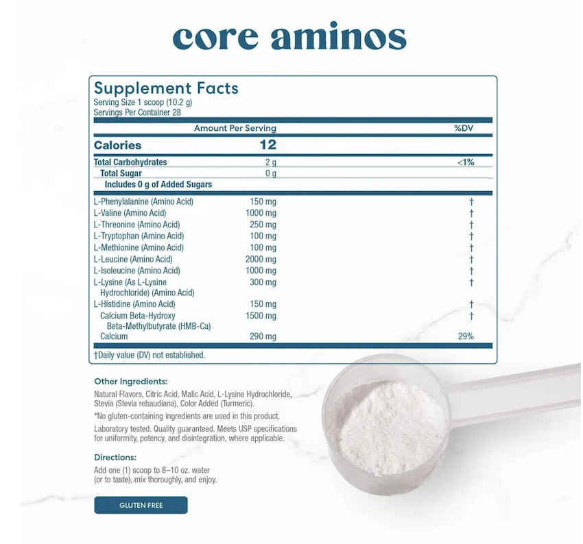 Supplement Facts label for Core Aminos