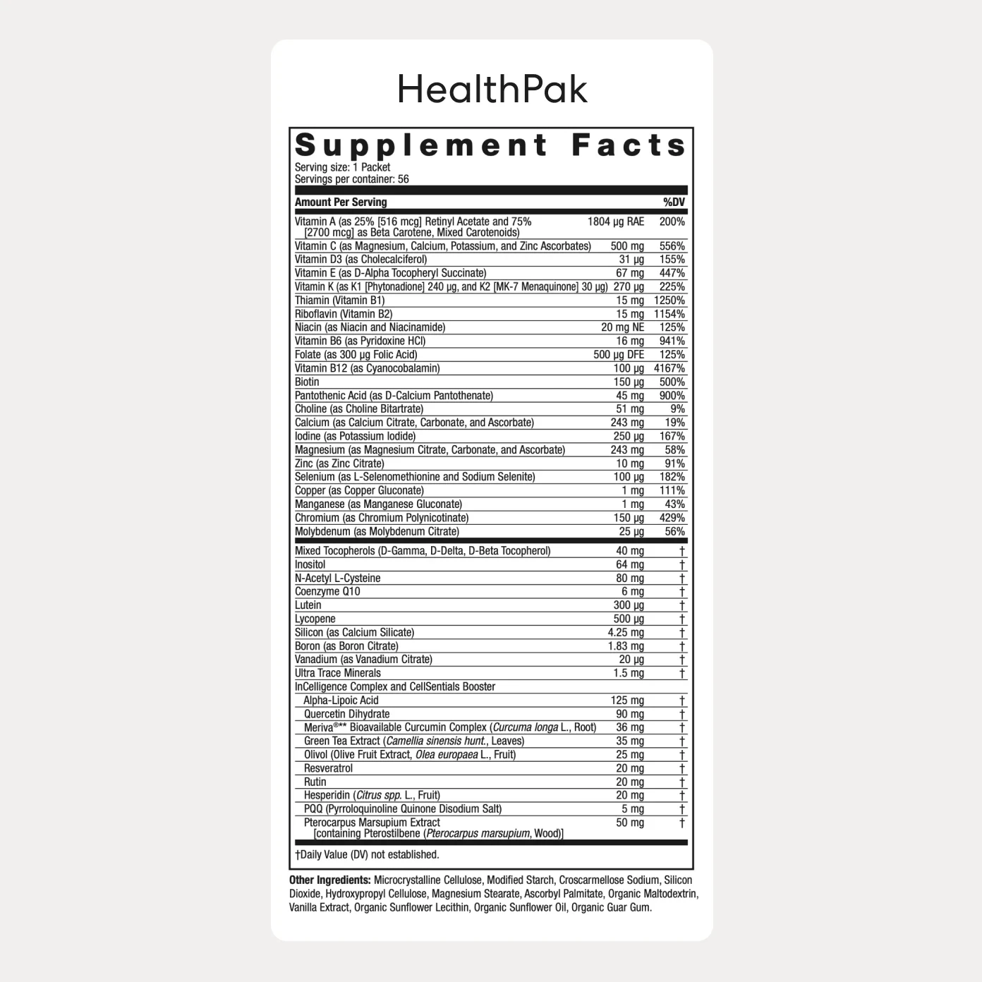 Supplement Facts label for HealthPak