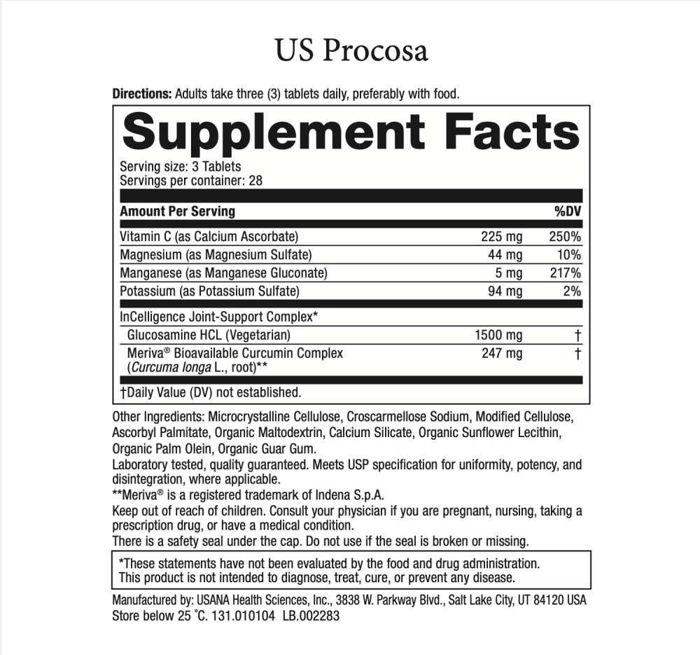 Supplement Facts label for Procosa